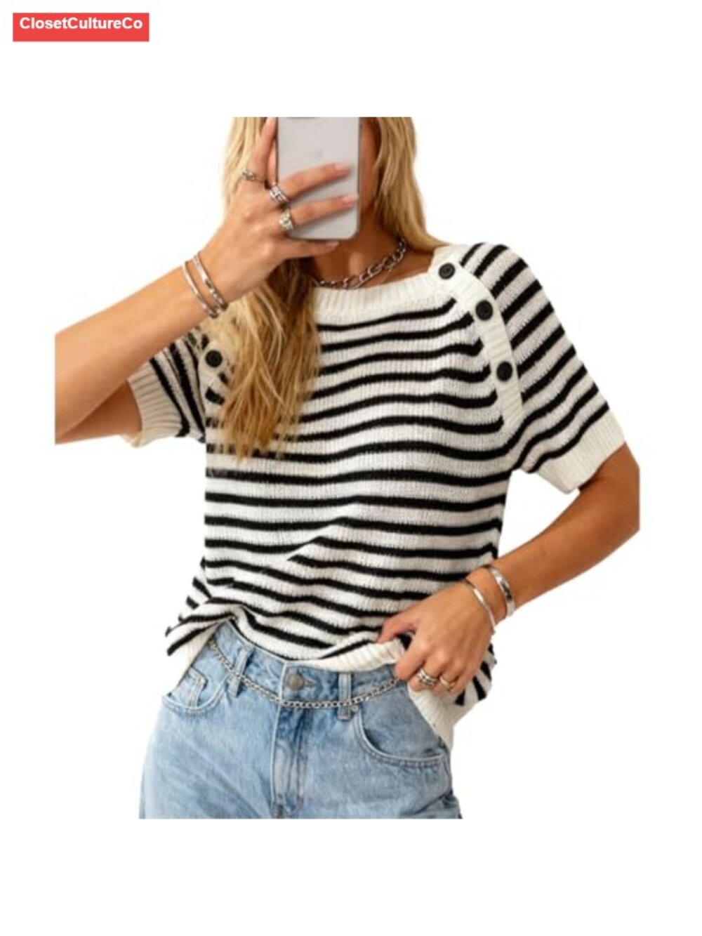 Women's Striped Sweater Vest Short Sleeve Knit Top Button Shoulder